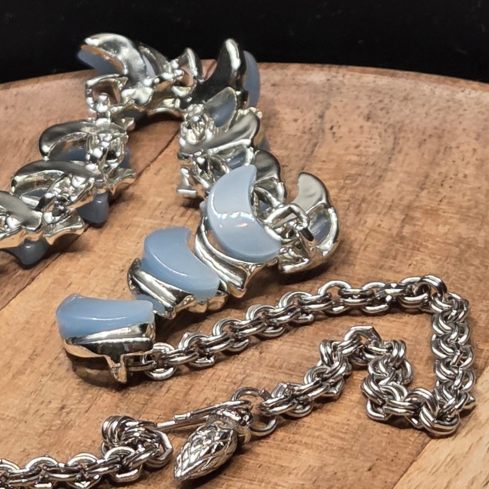 Vintage Napier Blue Lucite Crescent Necklace Earrings Set Mid Century